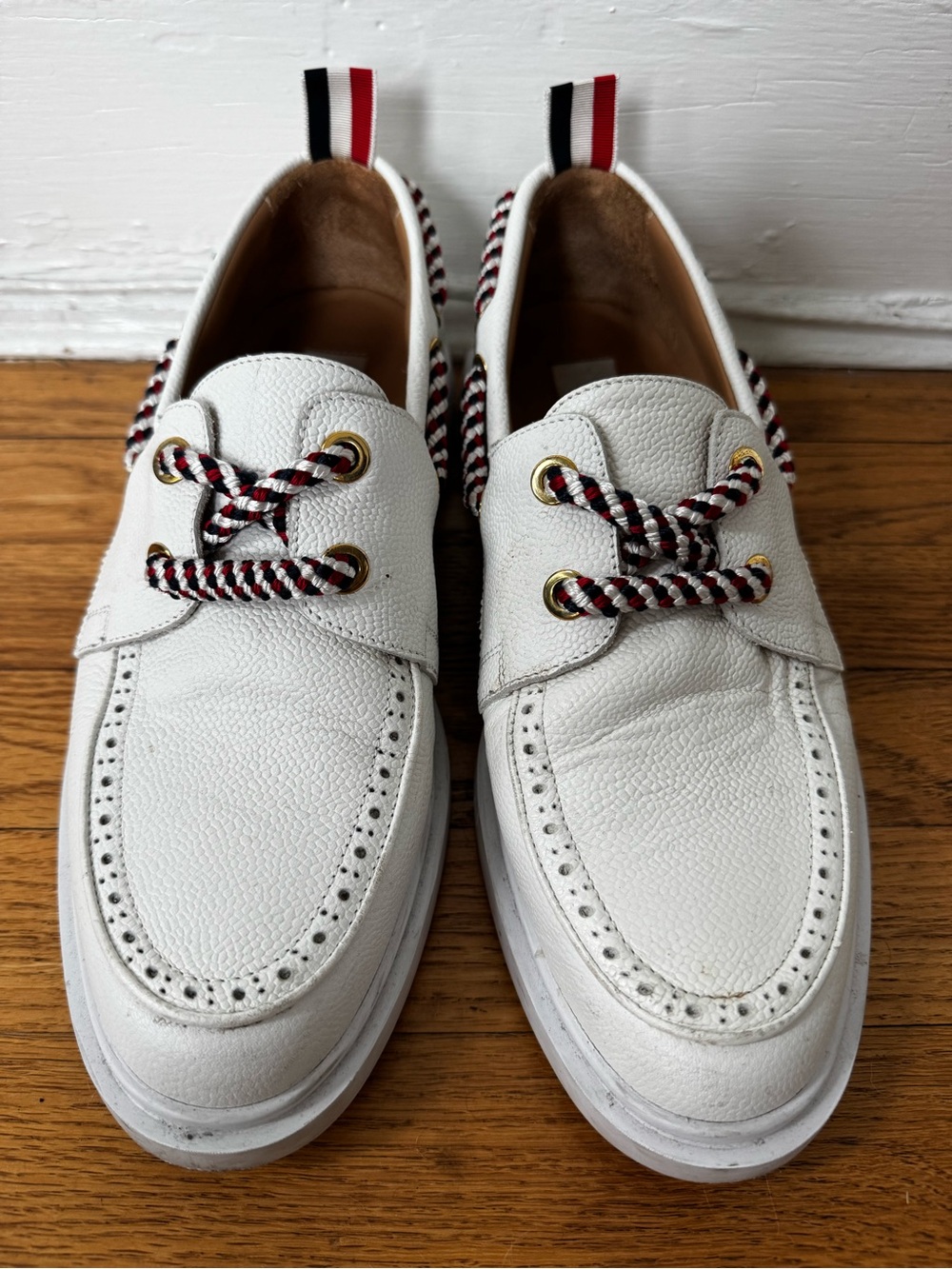 Thom Browne White Leather Boat Shoes with Red-Black-Cream Rope Laces